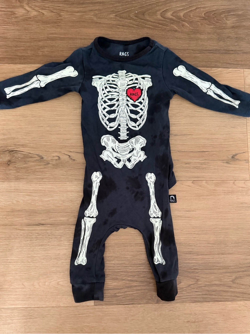 RAGS Kids Full Body Skelly Skeleton Tie Dye Hooded Romper Halloween 0-3